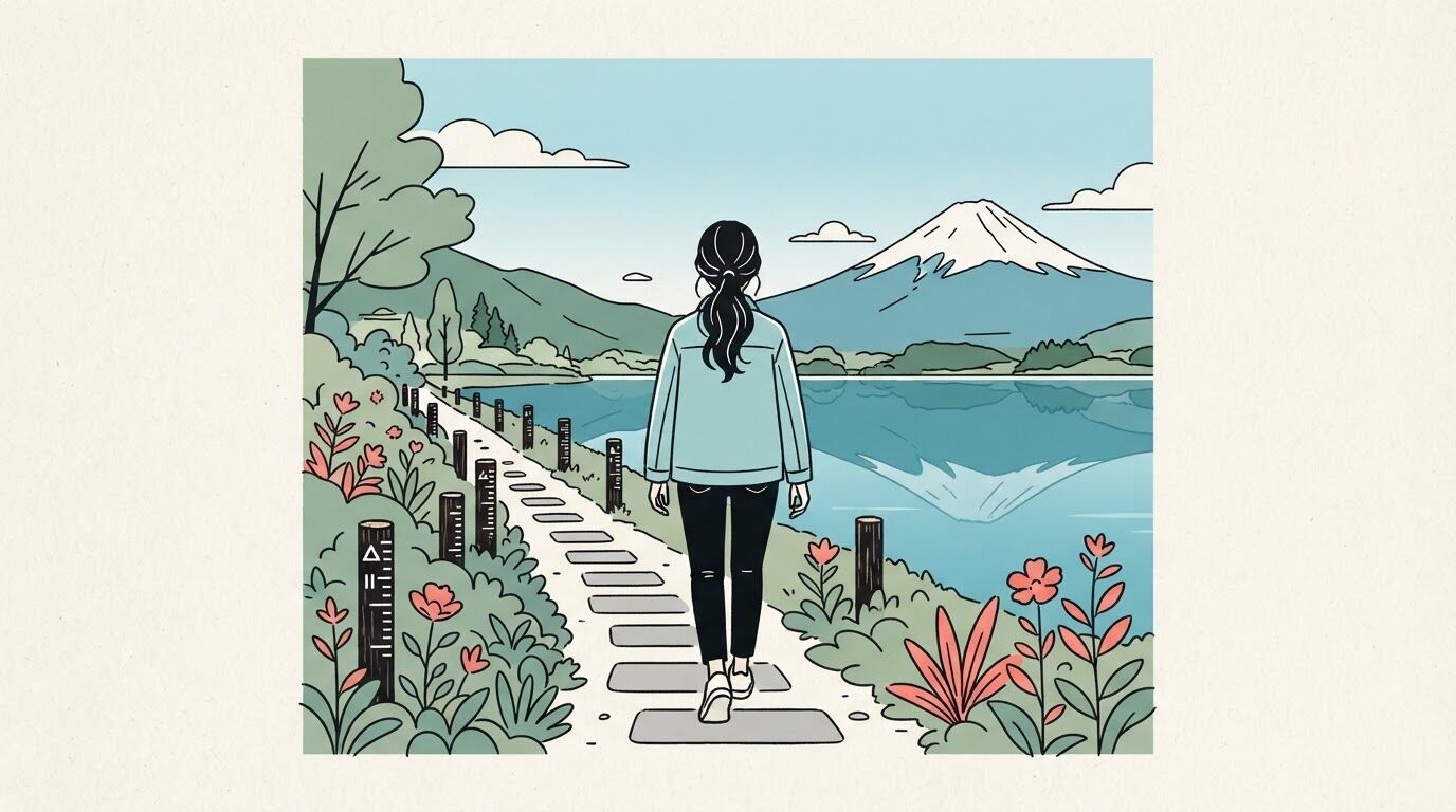 河口湖一周の途中、湖畔の道を歩きながら湖越しに富士山を見る女性の後ろ姿